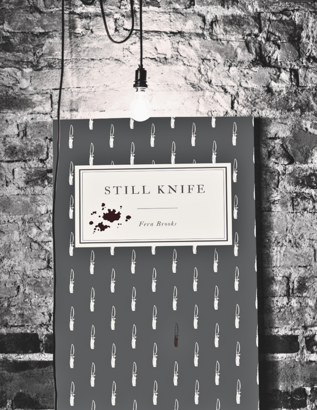 book cover for Still Knife by Janet Koops against a brick wall. Black and White